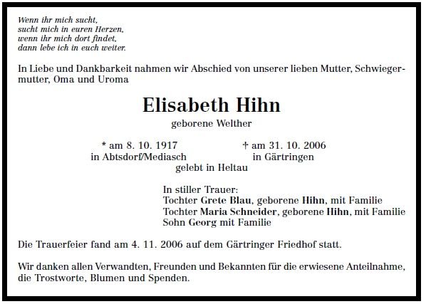 Welther Elisabeth 1917-2006Todesanzeige